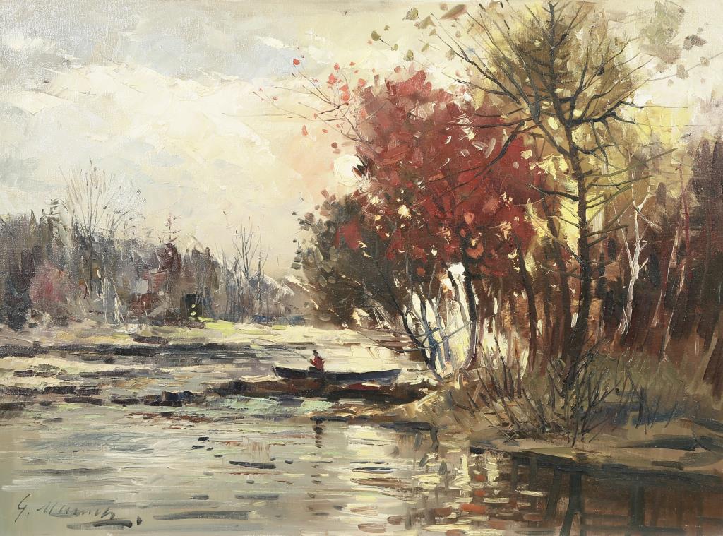 GORDON GEZA MARICH, CANADIAN (1913 - 1985): Depicts a man riding a boat on the lake. Signature on bottom left to G. Marich.Gordon Marich (1913 - 1975) was known for landscape, portrait, city scene and flower painting.H: 23 in. L: 31 in.