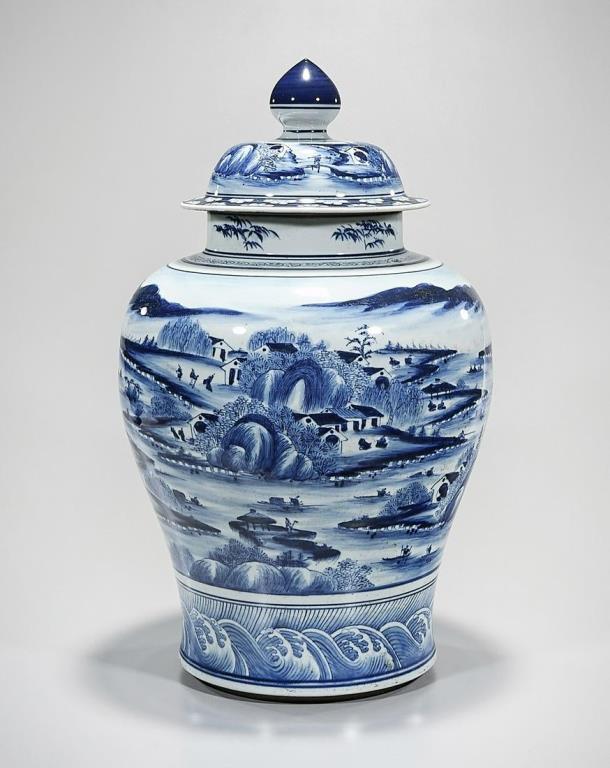 CHINESE BLUE AND WHITE LIDDED TEMPLE JAR (1 of 5)