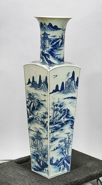 VERY LARGE CHINESE BLUE AND WHITE SQUARE VASE: Painted on each side of the body as well as the neck with scenery. H: 37 1/2 in.