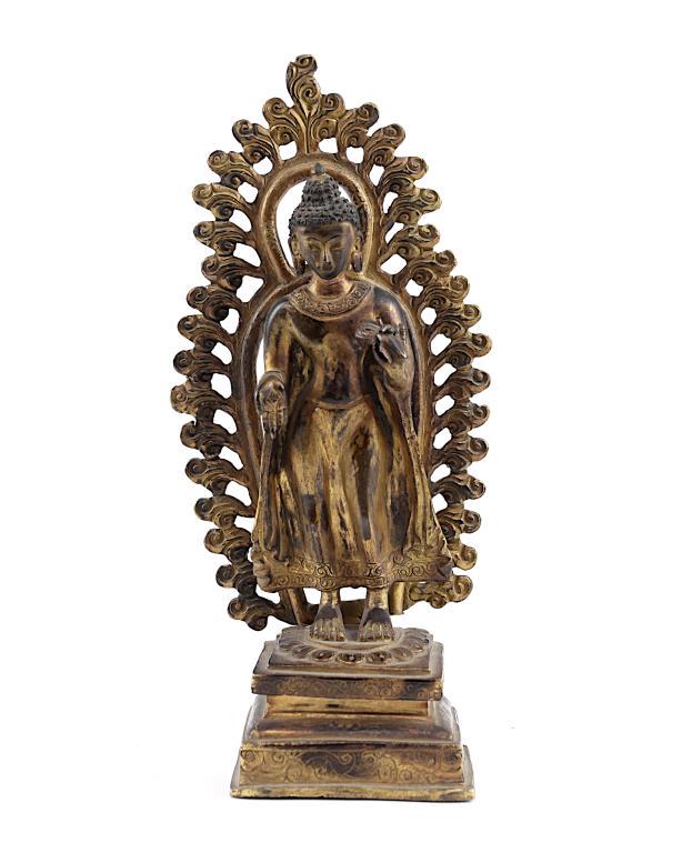 CHINESE ANTIQUE GILT BRONZE BUDDHA: Finely cast as a standing Buddha H: 8 in.