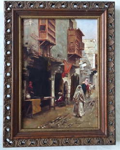 RUBENS SANTORO, ITALIAN (1859 - 1942): Depicts a street scene, painted in great details and framed. Signature on bottom right to read Rubens Santoro.Rubens Santoro was born in Italy in 1859 and began his apprenticeship with his two