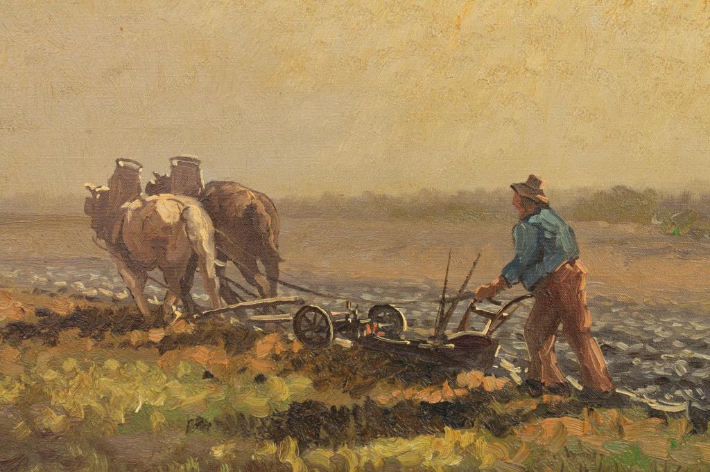 PAINTING ON CANVAS OF A FARMER BY H. HIENSCH: Depicts a farmer plowing the soil on his farm with two cows. Signature to the bottom left to read H. Hiensch. H: 23 1/8 in. x L: 30 1/8 in.