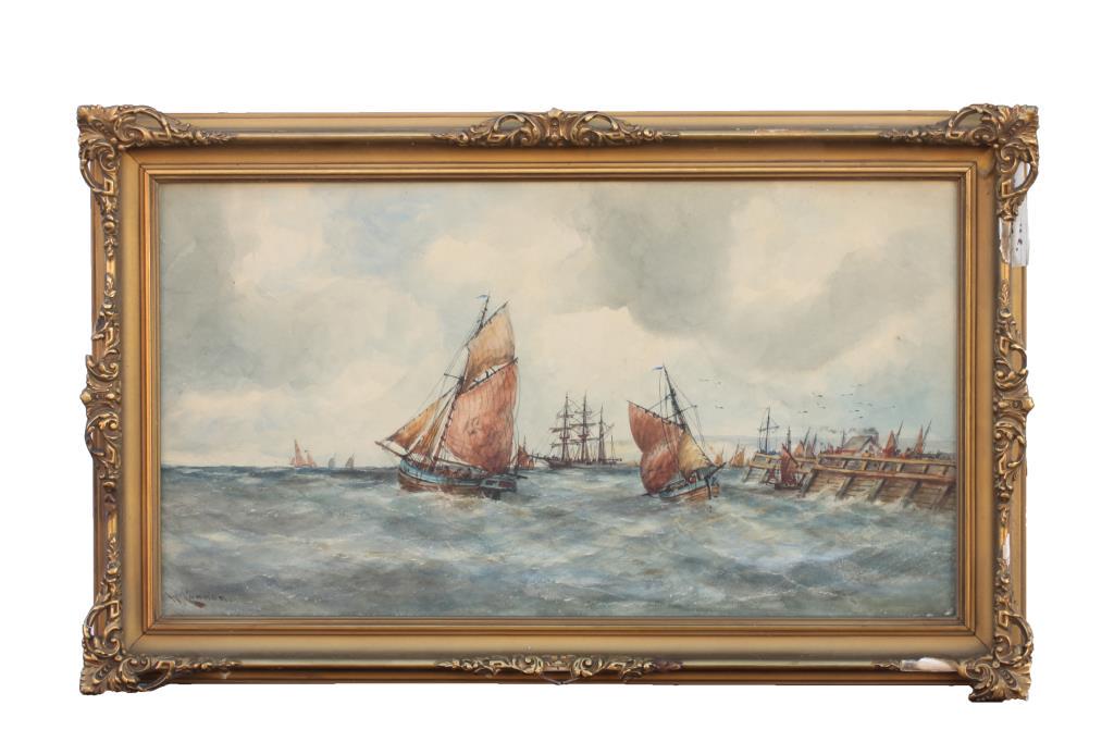 PAINTING OF SHIPS IN ROARING WAVES BY W. CANNON: Giltwood framed. Depicts ships sailing in roaring waves. By Henry William Cannon. H: 10 in. x L: 18 in.