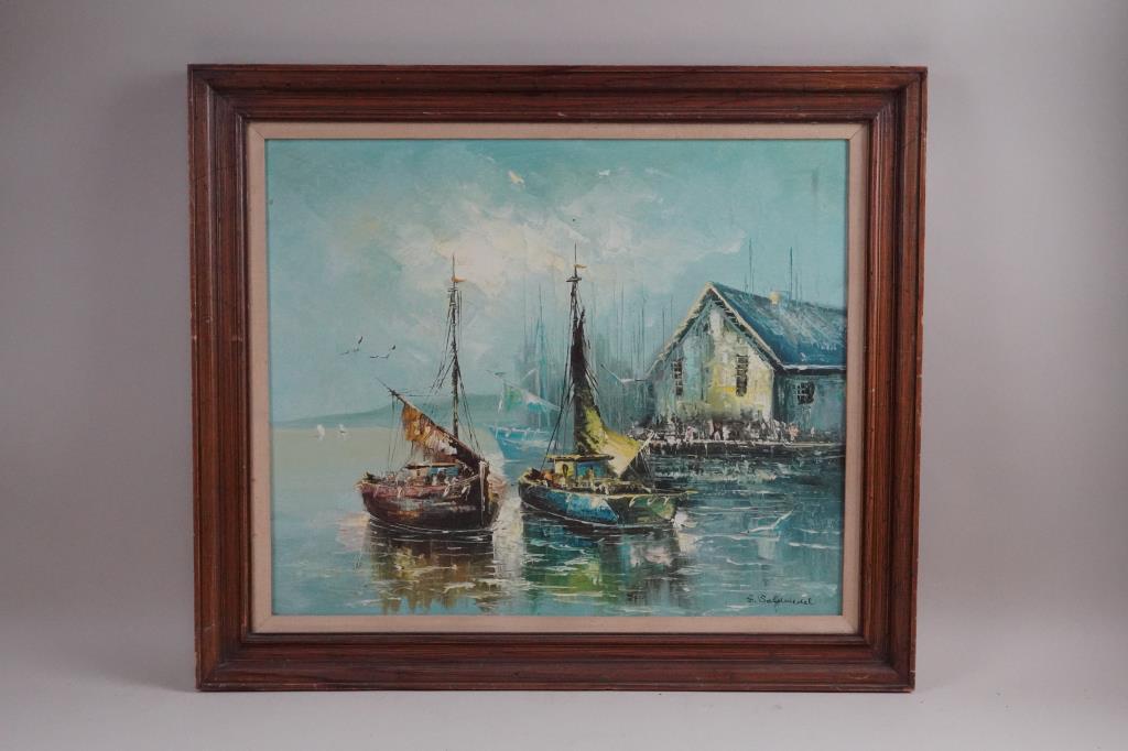 OIL ON CANVAS PAINTING OF A HARBOR SCENE (1 of 3)