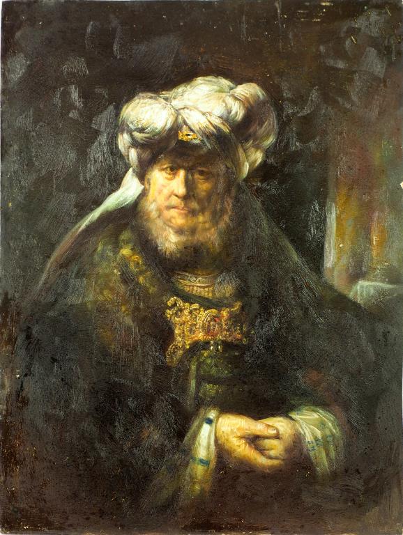 OIL PAINTING ON CANVAS OF A RABBI: This painting is a copy of a larger work by Rembrandt. It was made famous in Britain by the engravings of William Pether, first published in 1764. This interpretation of the painting omits the backgro