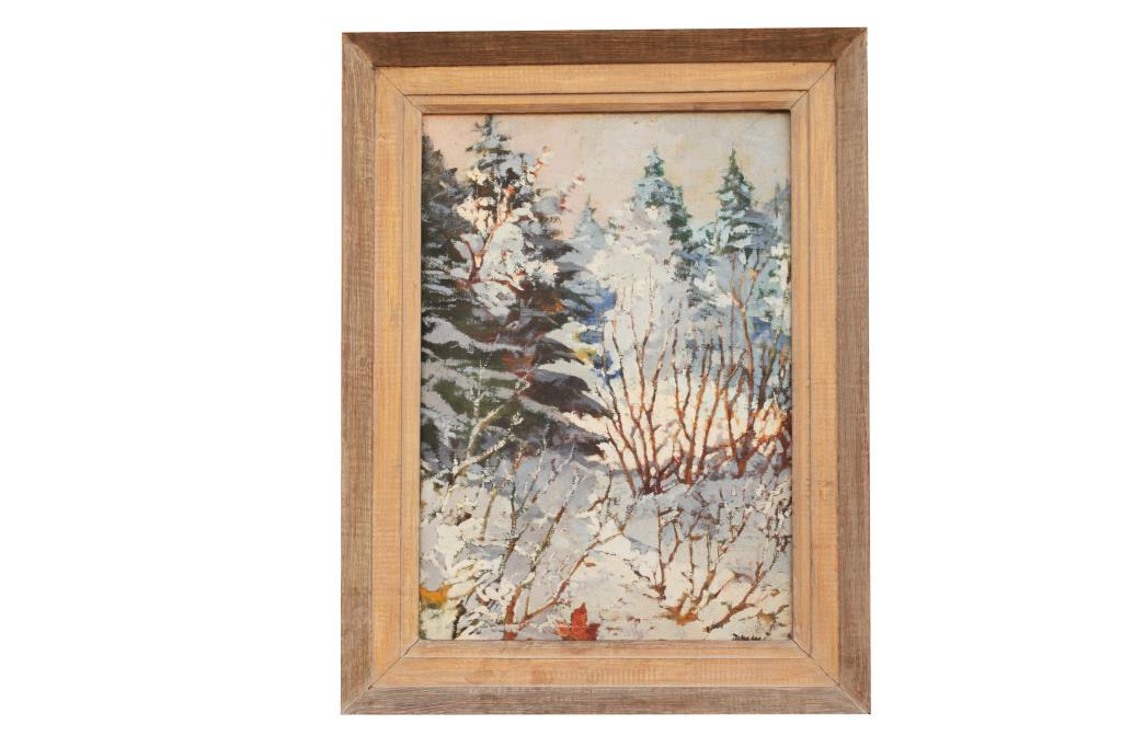 ALBERTO TOMMI, CANADIAN (1917 - 1960): Depicts a snowy forrest. Signature on bottom right to read Tommi. Possibly by Alberto Tommi (1917 - 1960). He was a Canadian artist. The record sold price in auction is USD $500 for his work -- "Cabin