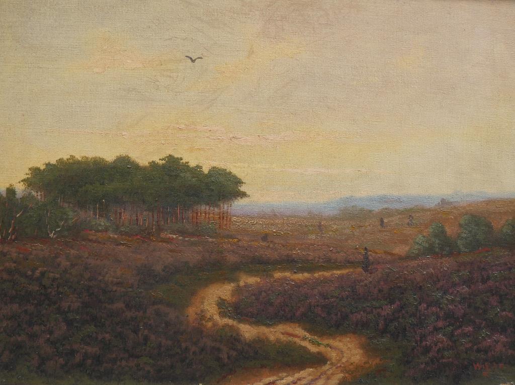 FRAMED OIL ON CANVAS PAINTING OF LANDSCAPE: Depicts a pathway amongst a blossoming field next to a forest under sunset. Signature on bottom right. H: 12 in. L: 16 in.