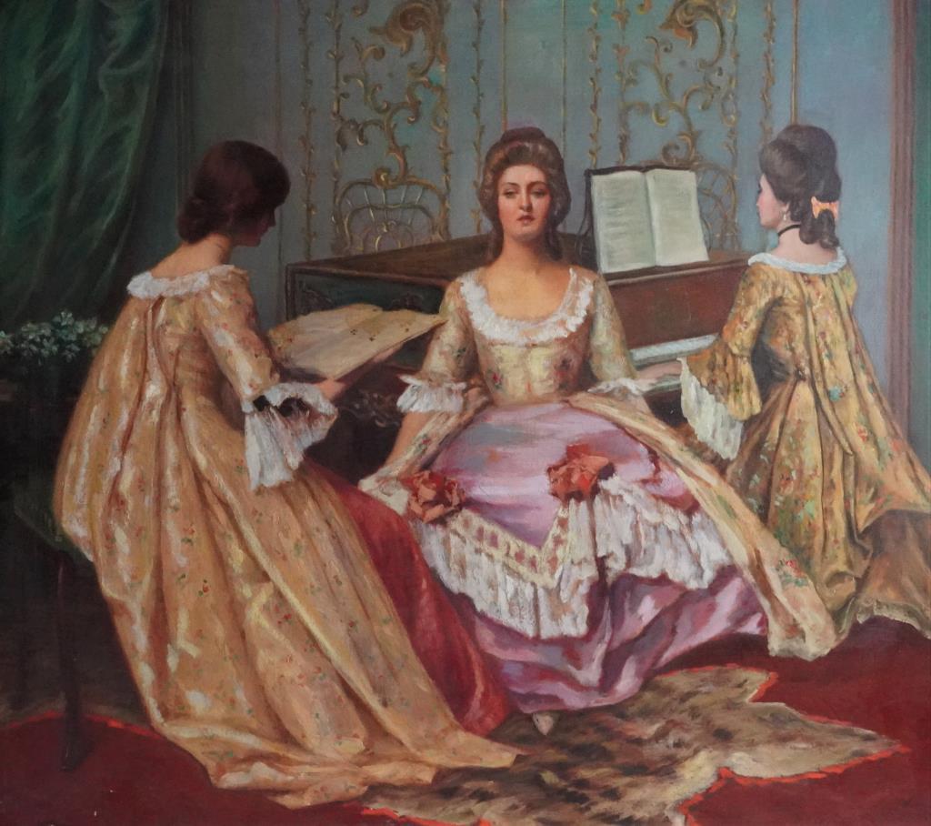 19TH CENTURY ROCOCO PAINTING: Rococo 19th Century painting .Depiction of Noble woman piano lessons.