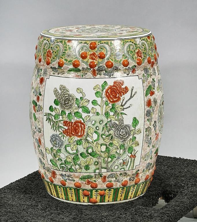 CHINESE ENAMELED PORCELAIN GARDEN SEAT: Beautifully decorated with flowers all around the garden seat. H: 19 in.