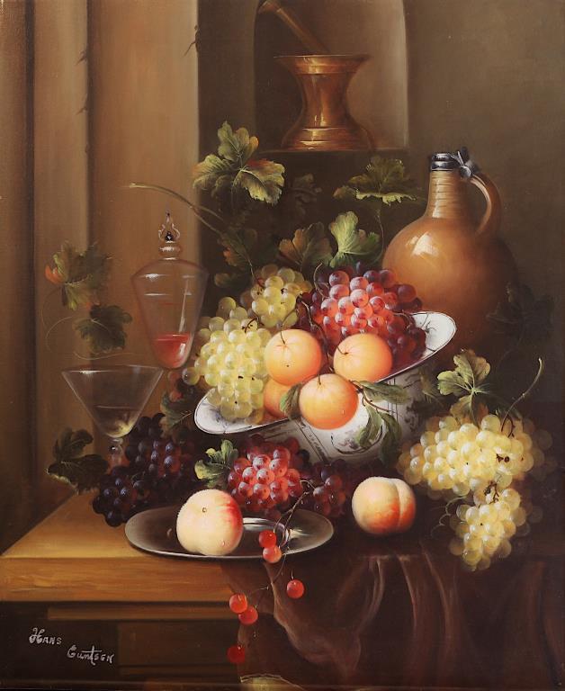 STILL LIFE OIL ON CANVAS PAINTING OF FRUITS: Signature to read Hans Guntsen. H: 24 in. L: 20 in.