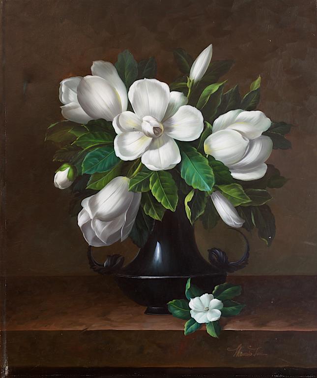 OIL PAINTING ON CANVAS, OF WHITE FLOWERS IN VASE: Beautiful still life painting of flowers in black vase. Signature on the bottom right to read "Thomas Lee."