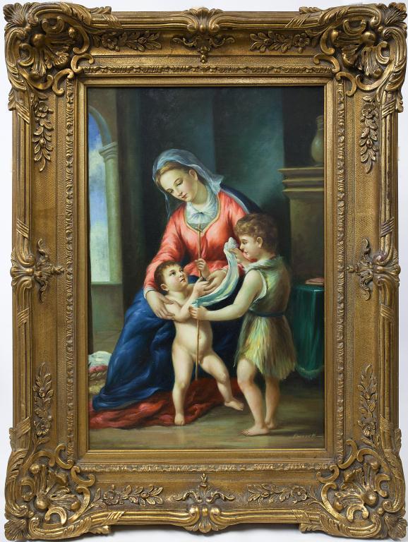 LARGE FRAMED PAINTING OF A MOTHER AND HER CHILDREN (1 of 3)