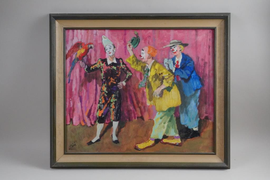 OIL PAINTING ON CANVAS OF THREE CLOWNS: Framed. An oil painting that depicts three performers dressing as clowns, performing with birds.