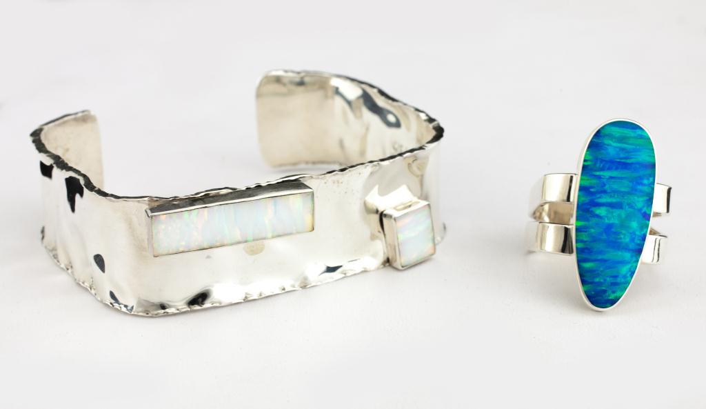 WHITE OPAL BANGLE & BLUE OPAL RING WITH SILVER (1 of 2)