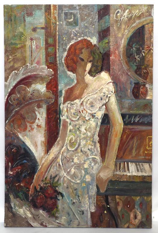 OIL ON CANVAS PAINTING OF A WOMAN AND PIANO: L: 24 in., H: 36 in.