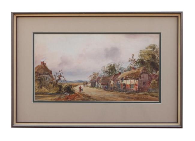 FERNELEY RAMUS (1868 - 1937): Depicts a village scene. Signature on bottom right to read F. Ramus, 1915. Ferneley Ramus (1868 - 1937), an artist who was a prolific painter in both oils and water. H: 9 in. L: 16 1/4 in.colors.