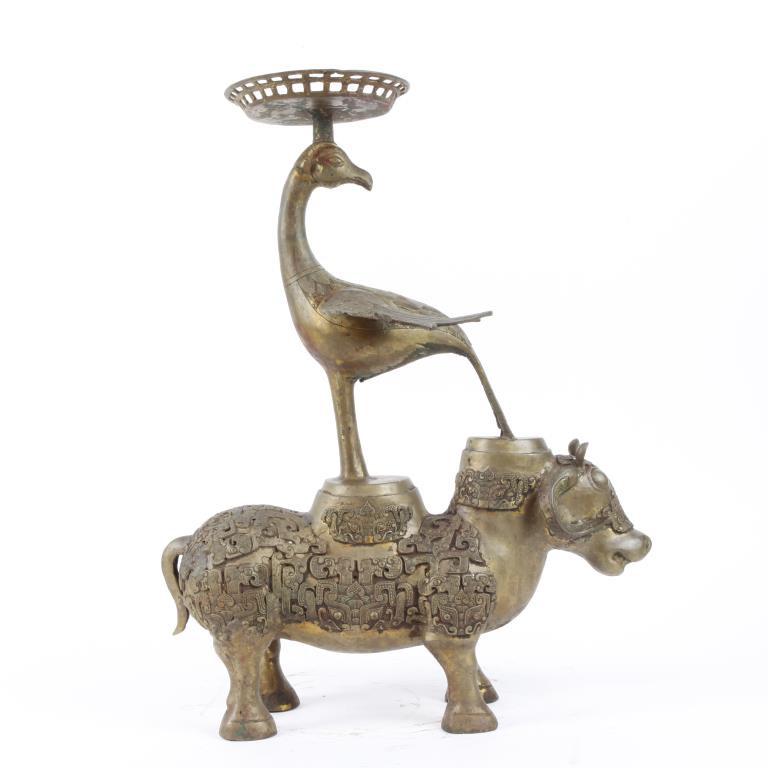 CHINESE BRONZE OF CRANE STANDING ON A COW (1 of 3)