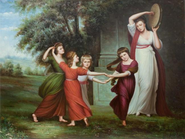 OIL ON CANVAS PAINTING OF WOMAN & CHILDREN DANCING (1 of 3)