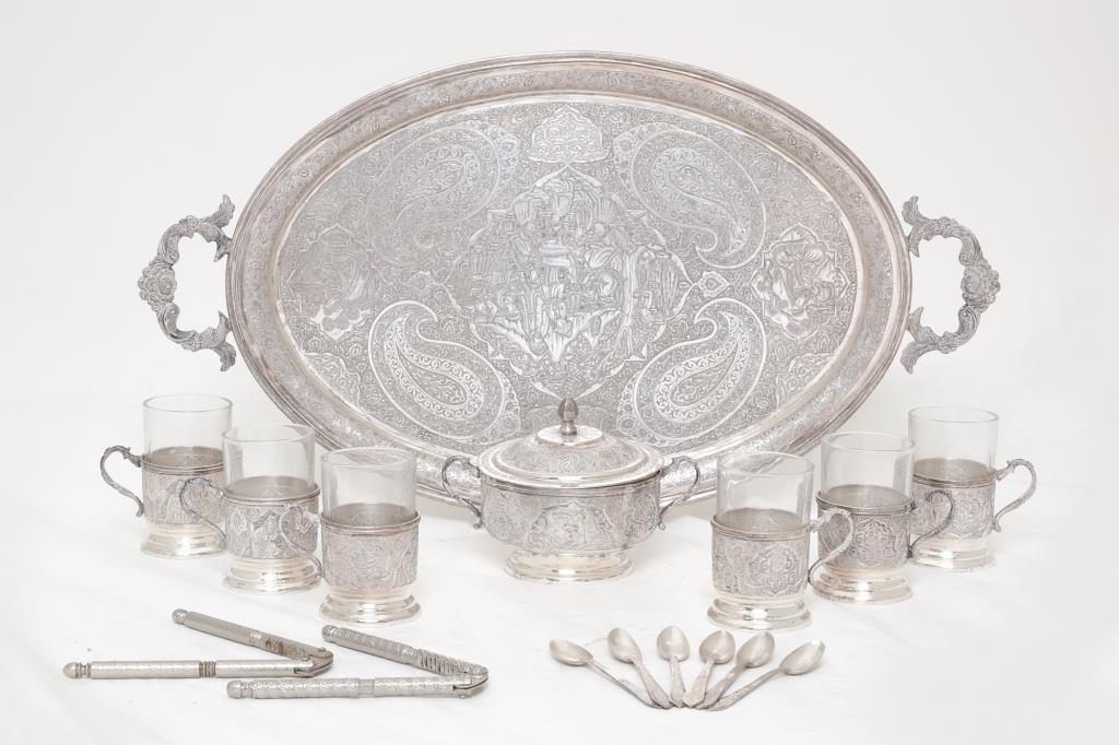 PERSIAN SILVER OVAL TRAY, SUGAR BOWL AND TEA CUPS (1 of 3)