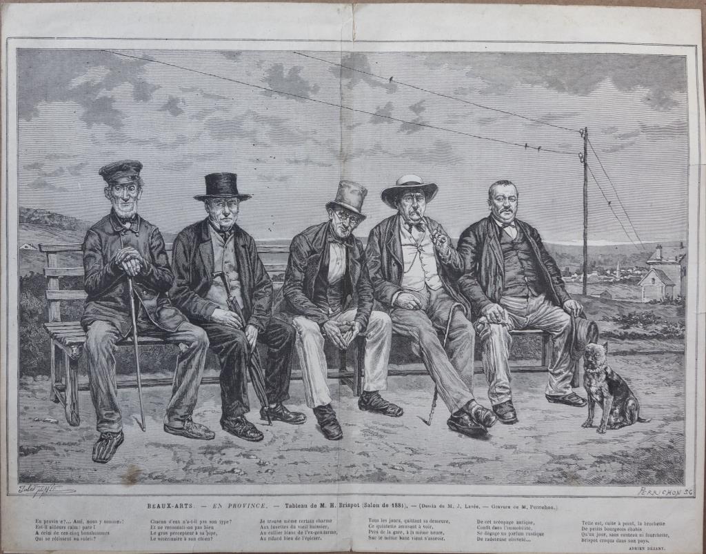 FRENCH LITHOGRAPH OF FIVE GENTLEMEN: Depicts five gentlemen sitting on a long bench with a dog.