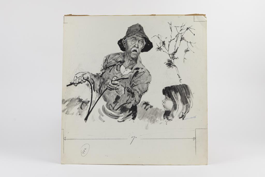 WILLIAM SHOWELL, CANADIAN (1903 - 1984): Titled "Water Witch." Drawing on paper of a frightened old man and a little girl. Signed on bottom right to read William Showell.William Showell (1903 - 1984) was a Canadian painter, known for landsca