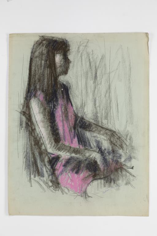 WILLIAM SHOWELL, CANADIAN (1903 - 1984): Drawing of a lady with long hair, dressing in a pink dress, sitting on a chair. Signed on lower right to read William Showell. William Showell (1903 - 1984) was a Canadian painter, known for landscape