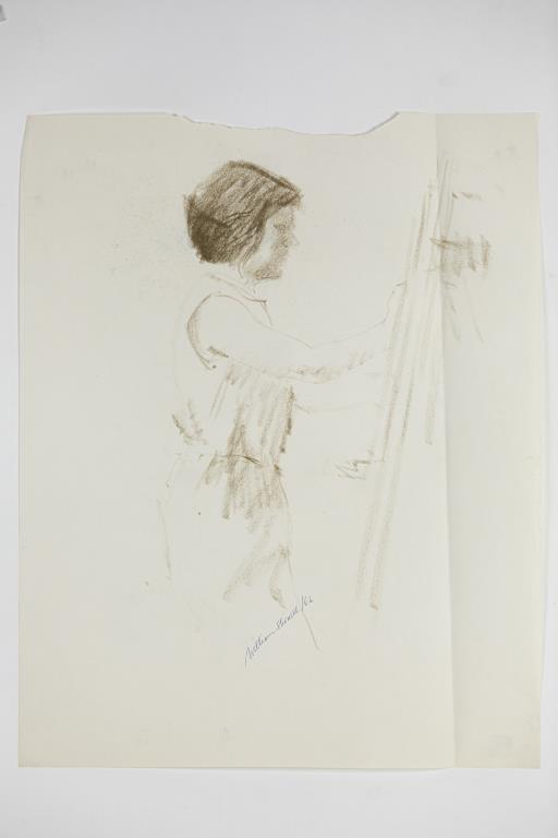 WILLIAM SHOWELL, CANADIAN (1903 - 1984): A sketch drawing of a lady painting. Signed on bottom to read William Showell. William Showell (1903 - 1984) was a Canadian painter, known for landscape, portrait and nude paintings. L: 20 in. H: 25 i