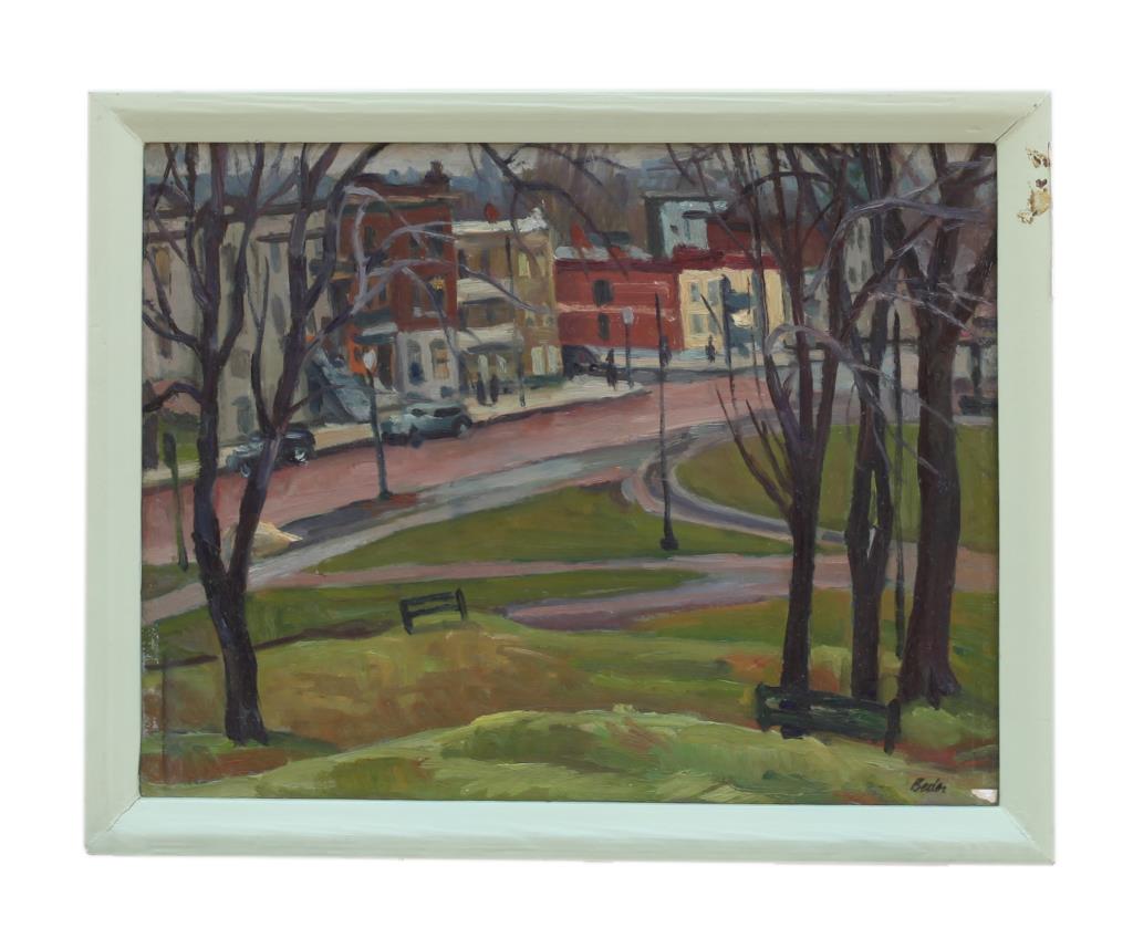 JACK BEDER, CANADIAN (1910 - 1987): Depicts a park scene, overlooking a street. Signature on bottom right to read Beder. Jack Beder (1910 - 1987), a well respected Canadian artist. Born in Poland in 1910 and immigrated to Montreal in 19