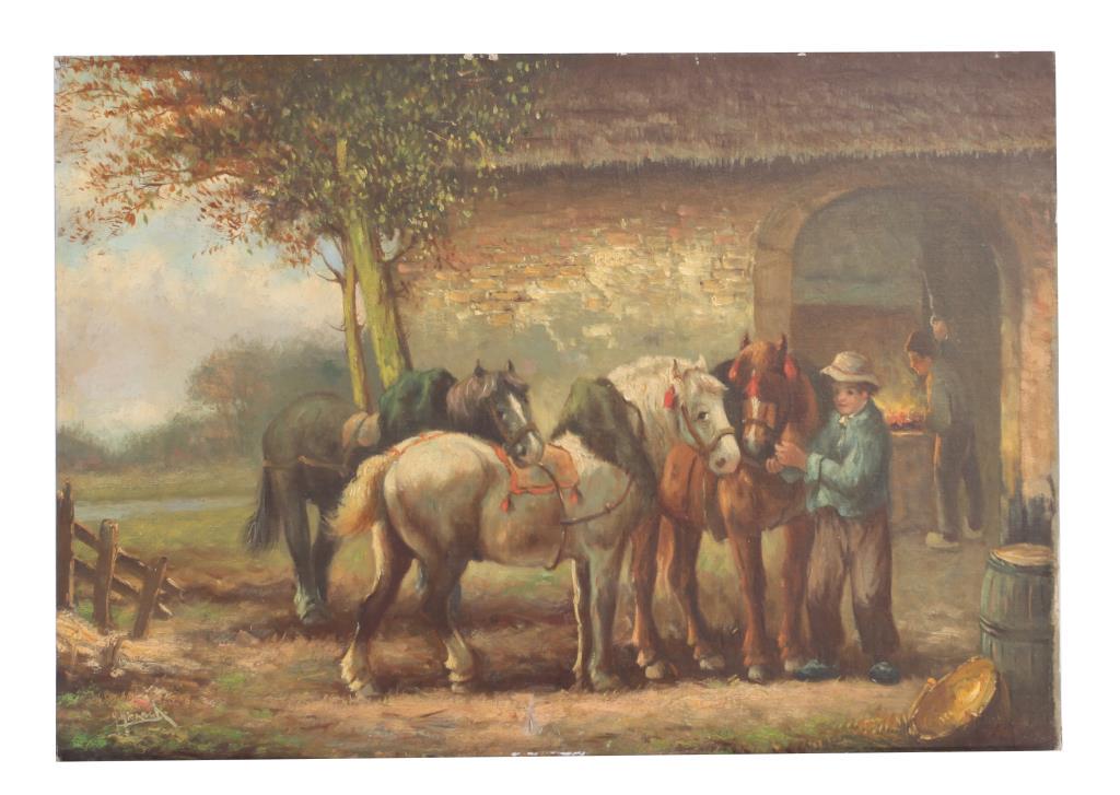 OIL PAINTING ON CANVAS OF HORSES BY H. HIENSCH (1 of 4)