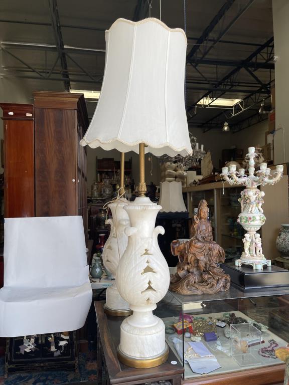PAIR OF PIERCED ALABASTER VASES TURNED INTO LAMPS (1 of 5)