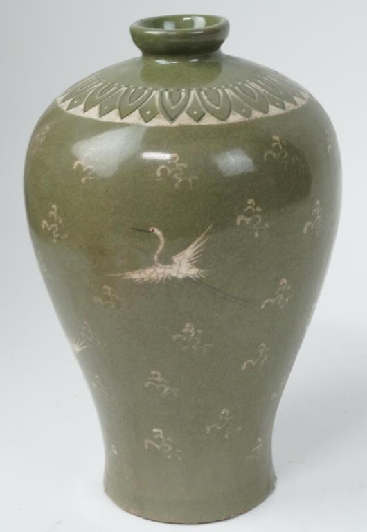 KOREAN PORCELAIN CRANE VASE: Of meiping form, beautifully painted with flying cranes around the body. H: 10 1/4 in.