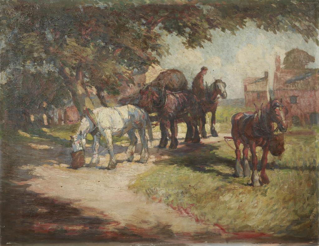 OIL ON CANVAS PAINTING OF HORSES: An oil on canvas painting depicts a merchant with his horses resting at a stop. Signed on bottom left which is illegible. H: 28 in. L: 36 in.