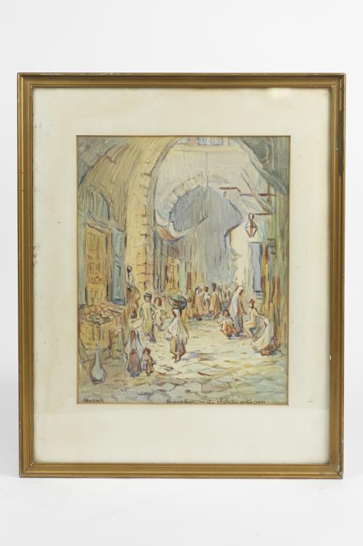 FRAMED WATERCOLOR PAINTING OF JERUSALEM STREET (1 of 5)