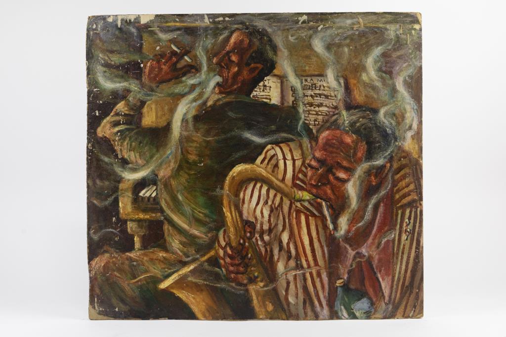 LIONEL FIELDING DOWNES, CANADIAN (1900 - 1972): An oil painting that depicts two musicians. One is playing a trumpet while the other one is playing piano and smoking at the same time. Signed on bottom right to read L. F. Downes. H: 24 in. L: 26 in.
