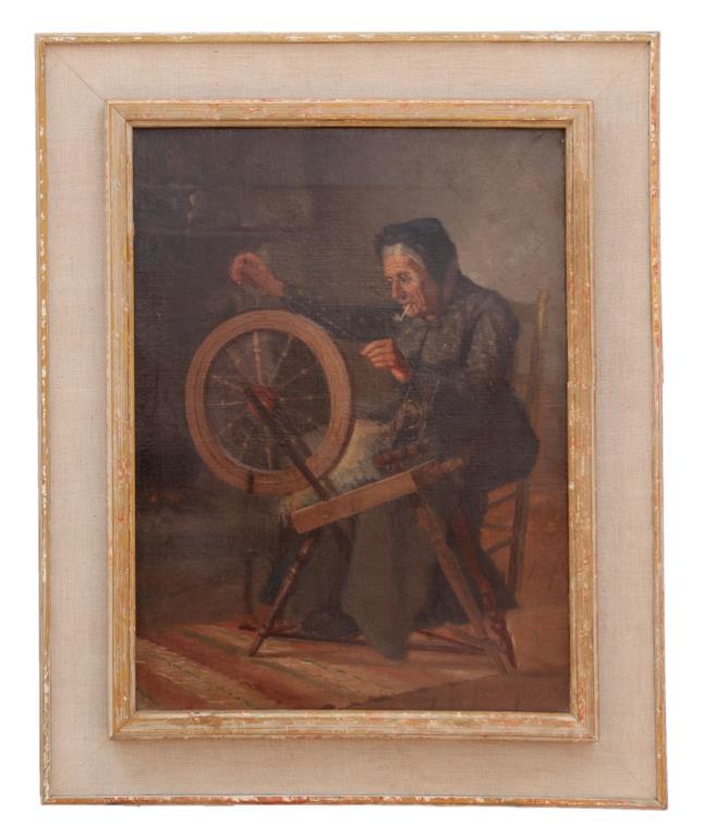 FRAMED OIL PAINTING BY WILLIAM P. WOLFE: Framed, an oil painting that depicts an old lady spinning. Signature to read William P Wolfe. H: 16 1/8. L: 12 1/4 in.