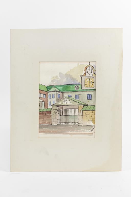 PIERRE LAWTON, FRENCH-CANADIAN (1933 - ): A watercolor painting that depicts a modern painting of a town hall. Signature to the bottom right reads 'Lawton 69. Pierre Lawton (1933 - ), is a French Canadian artist. Painting Only: L: 7 in. H: 9 