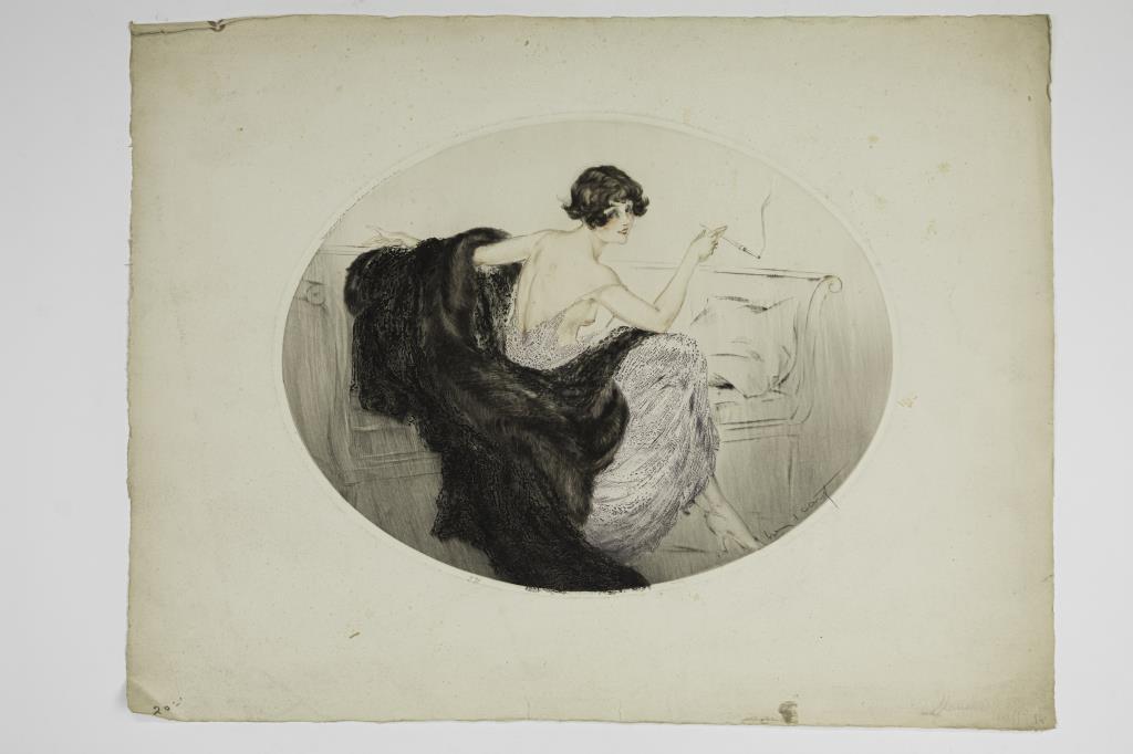 BEAUTIFUL PRINT OF A BEAUTY: Depicts a beautiful lady in a gown with fur coat, smoking on a chaise lounge. Numbered 291 and pencil signed on lower right which is illegible.L: 19 in. H: 14 1/2 in.