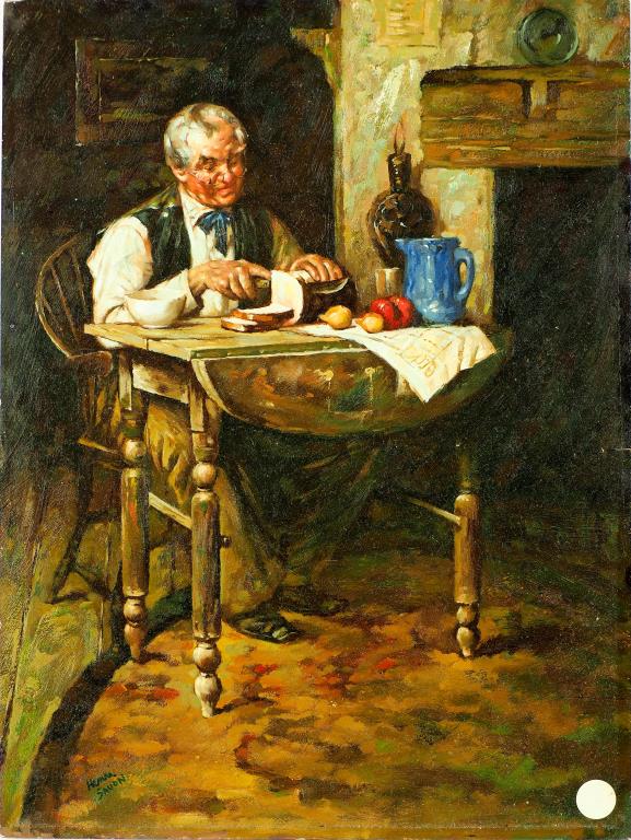 19TH C. OIL PAINTING OF AN OLD MAN BY HEMU SAVON: Depicts an old man cutting a loaf of bread in his house. Signature to read Hemu Savon. H: 16 in. L: 12 in.