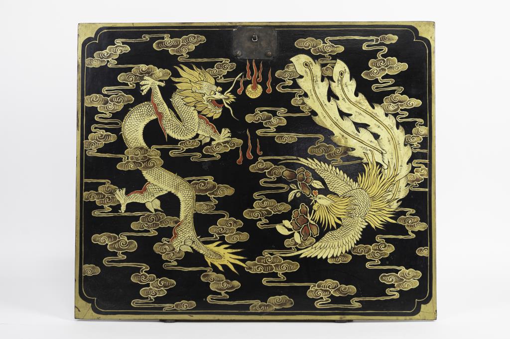 CHINESE LACQUERED PANEL OF A DRAGON AND A PHOENIX (1 of 5)