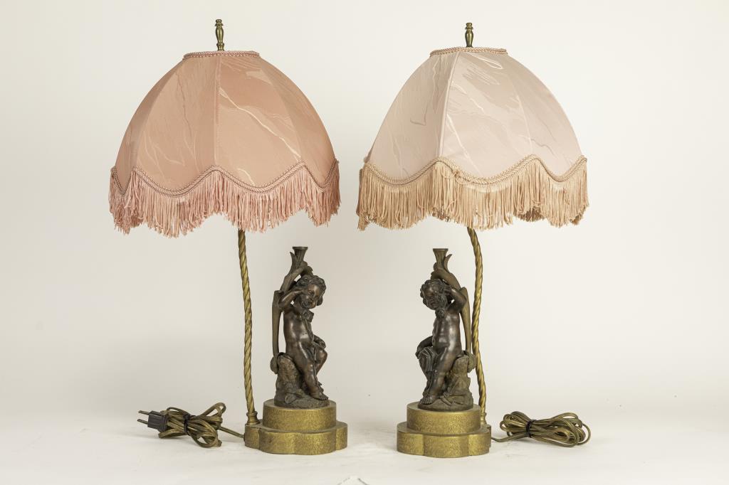 PAIR OF BRONZE FIGURES OF CHERUB MOUNTED AS LAMPS (1 of 10)