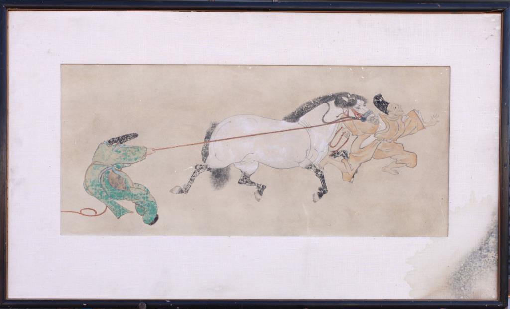 FRAMED PAINTING OF TWO MEN HOLDING A HORSE (1 of 1)