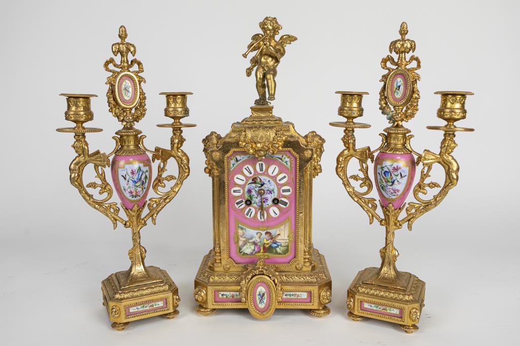 JAPY FRERES GILDED METAL MANTEL CLOCK GARNITURE (1 of 11)