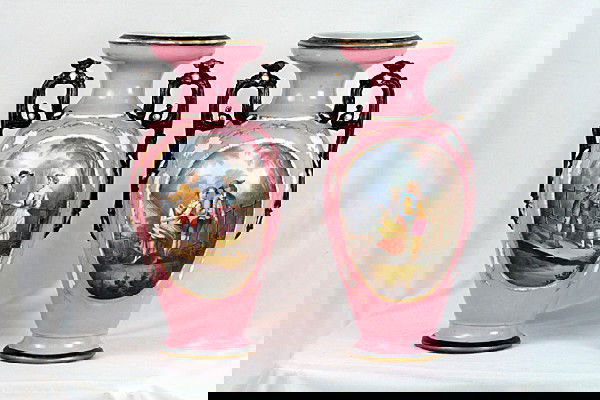 PAIR OF PINK FRENCH PARIS PORCELAIN VASES: PAIR OF PINK FRENCH PARIS PORCELAIN VASES, late 19th century, H:20 1/2", of amphora form, depicting lovers on one panel and bouquet of flowers on reverse