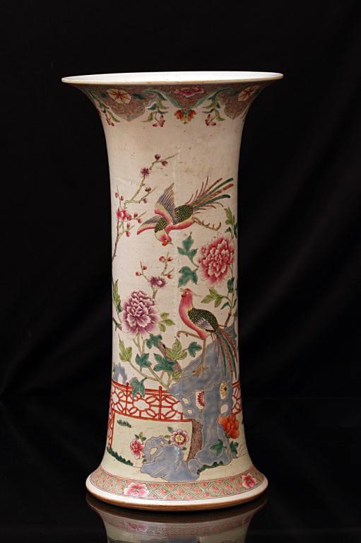 FAMILLE ROSE BEAKER VASE: H:16 1/2" , hand-painted with blooming branches, flowers, and fowls, richly enameled beneath flared rim