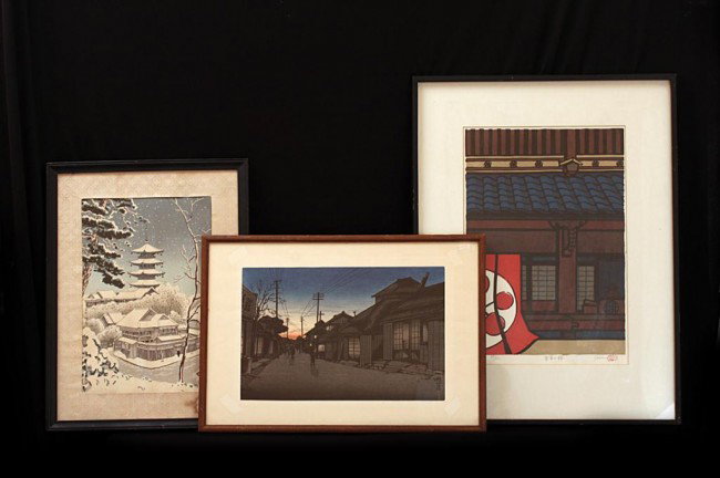 LOT OF THREE (3) JAPANESE WOOD BLOCK PRINTS: L: 13 3/4" X W:9", L:14" X W:9 1/4", L:161/4" X W:11 1/4", mid-20th century possibly older. One signed in the margin with pencil.