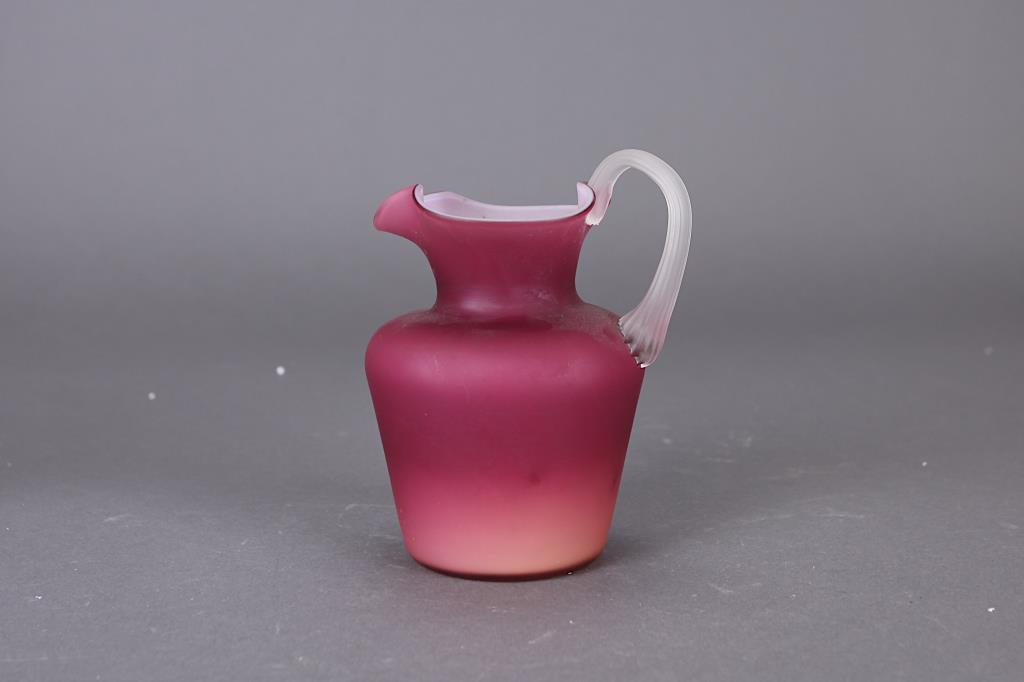 BEAUTIFUL ANTIQUE OPALINE JUG: In an old rose ombre color, with translucent white stem-liked handle.