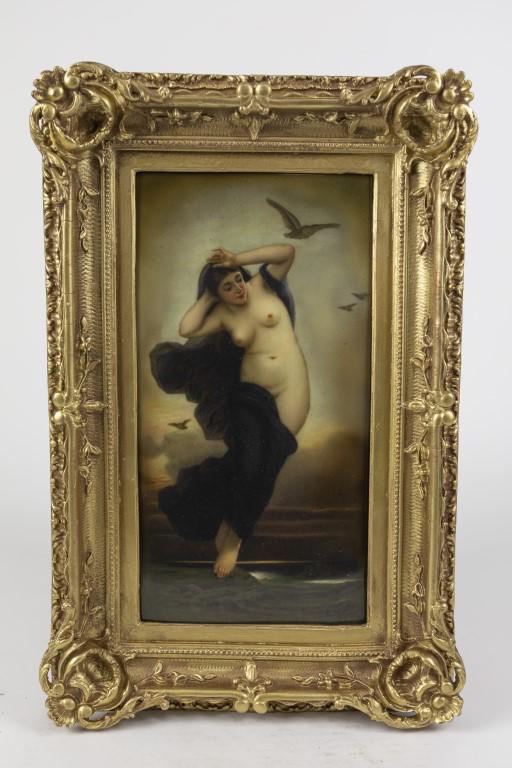 PORCELAIN PLAQUE, OF A BEAUTIFUL NAKED LADY: In a beautiful giltwood frame. An impressed mark to read KPM on the back.