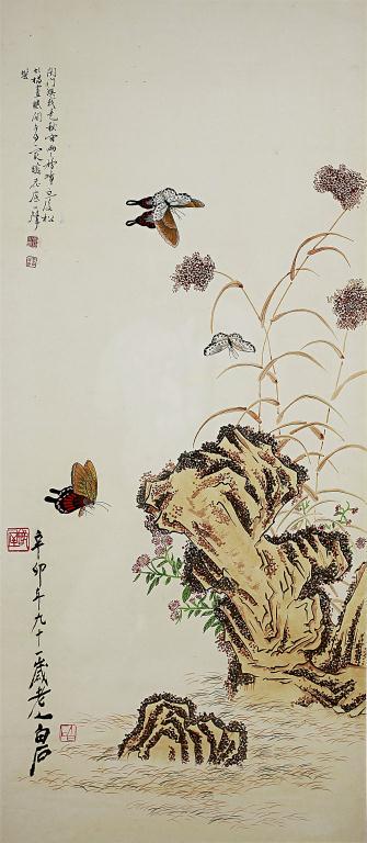 CHINESE FRAMED PAINTING OF FLOWERS AND BUTTERFLY (1 of 5)