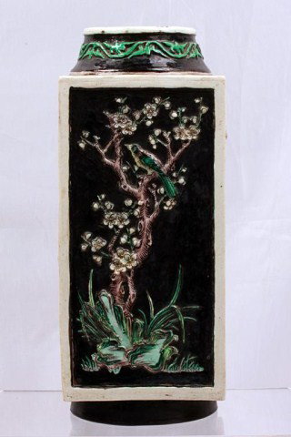 ANTIQUE CHINESE FAMILLE NOIRE SQUARE VASE: H: 11 3/8" x L: 4 5/8", having four panels depicting of raised garden and birds, with circular upper and bottom rims, hole on the base