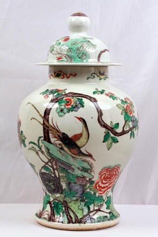 ANTIQUE CHINESE BALUSTER LIDDED JAR: H: 19 1/4", four-character mark on the base, with enameled painting of peonies, and a crane perched on a rock against a landscape